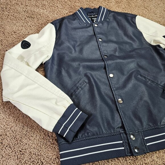 Fried Denim NYC Varsity Jacket Mens M Blue Faux Leather Preppy Bomber EUC - Picture 3 of 7
